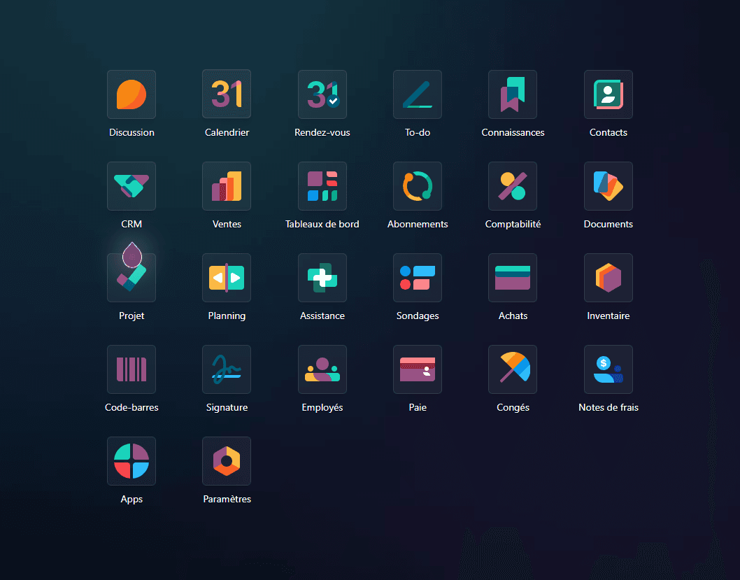 Capture d'écran d'Odoo montrant le tableau de bord et plusieurs modules de gestion (CRM, facturation, projets) Capture d'écran d'Odoo montrant le tableau de bord et plusieurs modules de gestion (CRM, facturation, projets)